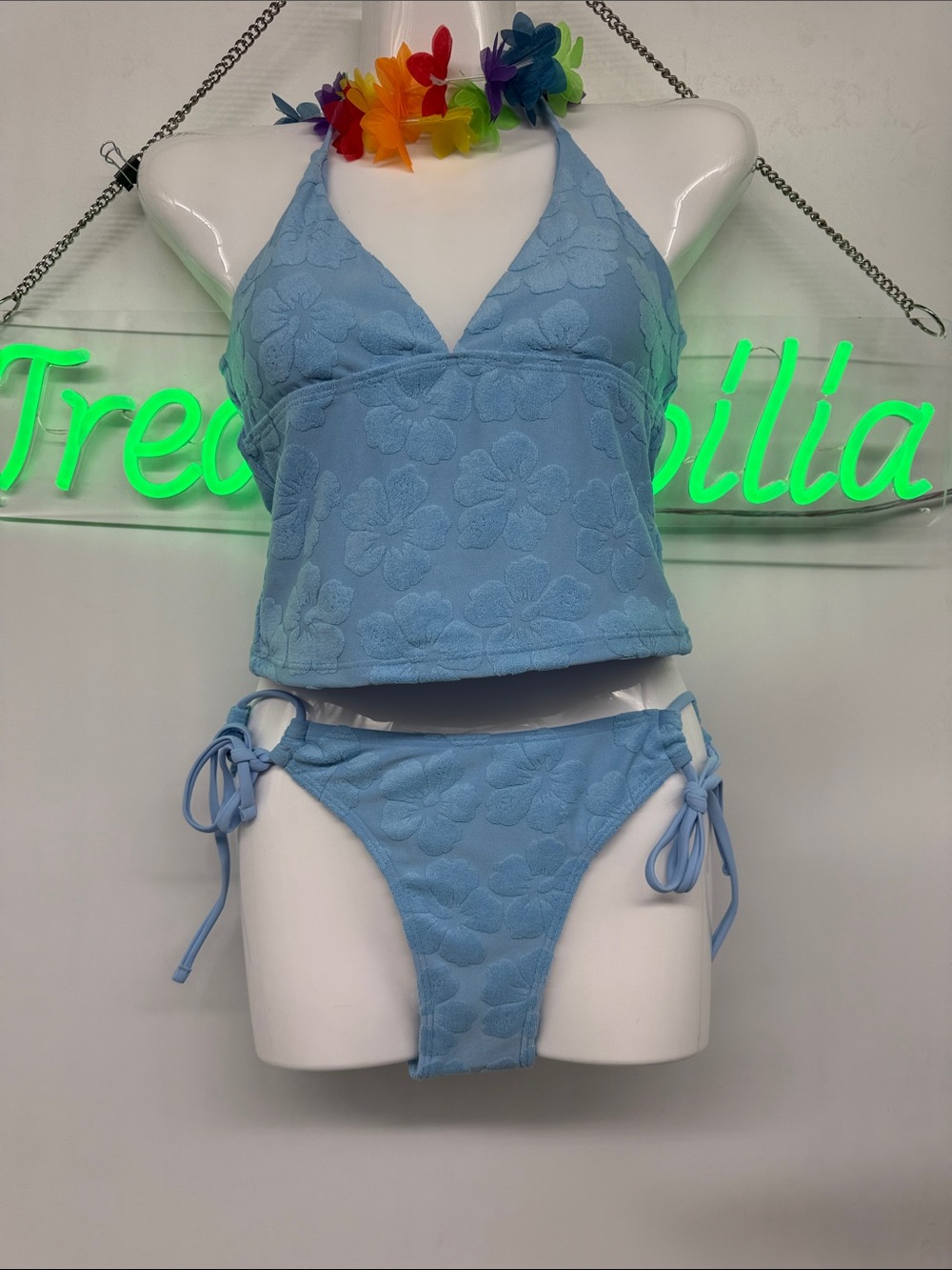 Light Blue Floral Textured Halter Bikini Set Seamolly Small